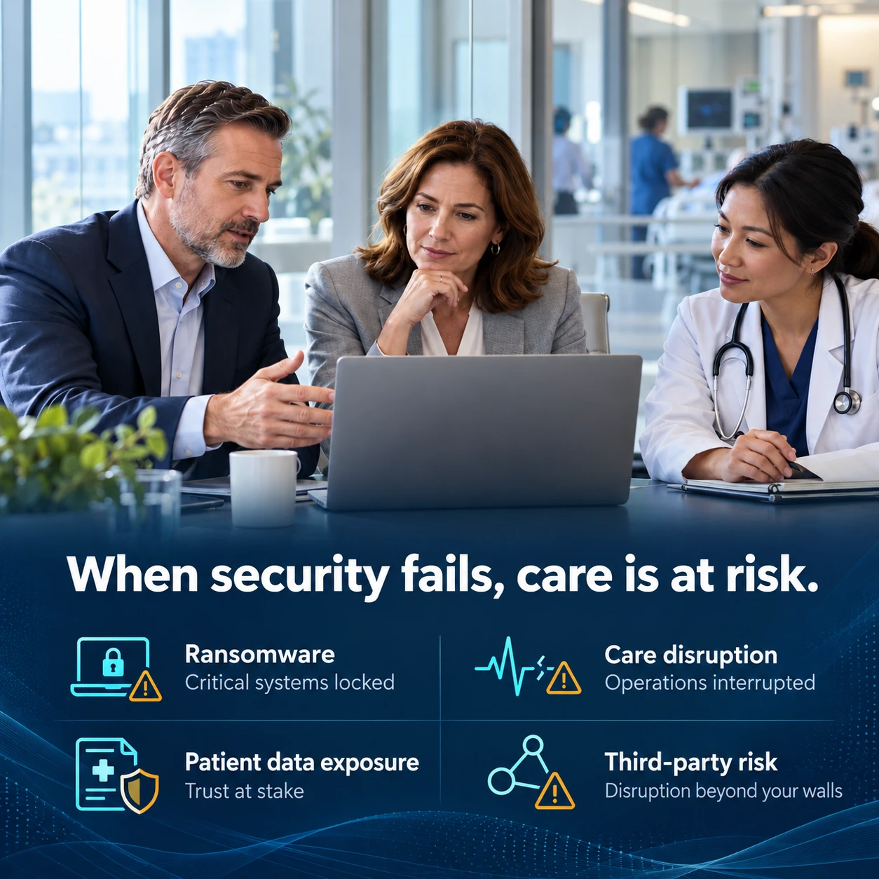 Healthcare leaders reviewing security priorities. When security fails, care is at risk: ransomware can lock critical systems; care disruption can interrupt operations; patient data exposure puts trust at stake; third-party risk can cause disruption beyond your walls.